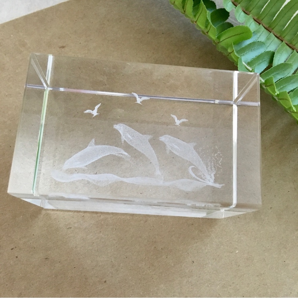 LP Vintage Laser Etched Glass Rectangle Paper Weight Three Jumping Dolphins